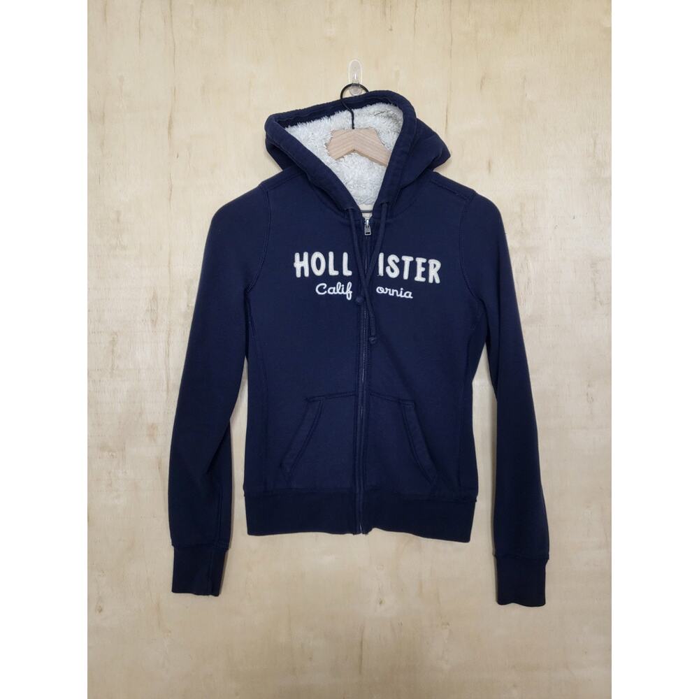 Size:S Y2K Hollister Sherpa Lined Zip Up Hoodie Womens Blue Spellout 2000s